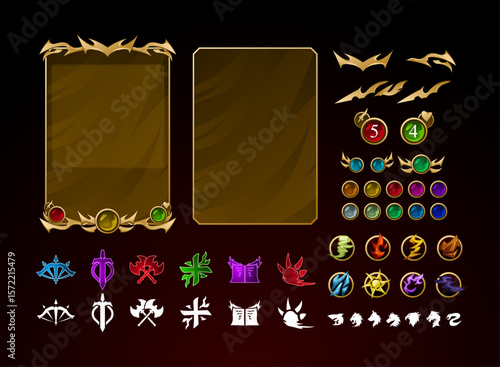 ancient myth medieval golden fantasy trading card game tcg template full customizable with elements, animal, class role icon