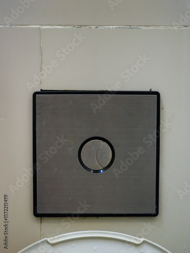 Modern metal toilet flush panel, water management water regulation, clean design, modern fixture, sanitary design, bathroom accessory, modern restroom, user-friendly, innovative design, flush plate.