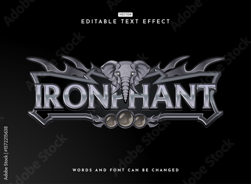 fantasy ancient silver ironphant rpg game logo design with elephant head and medieval frame border text effect