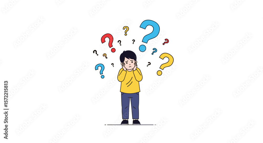 Confused kid surrounded by numerous question marks expressing uncertainty and doubt Confused kid surrounded by numerous question marks expressing uncertainty and doubt