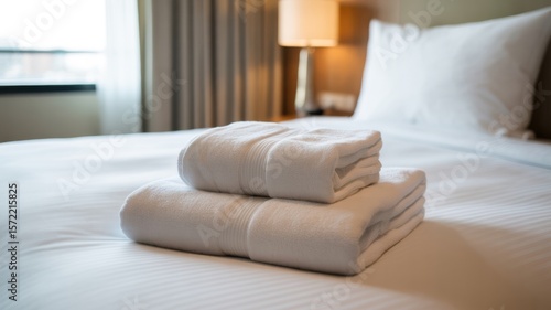 Neatly folded white towels resting on a pristine hotel bed, bathed in soft natural light from a nearby window