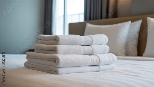Neatly folded white towels stacked on a cozy hotel bed with soft lighting and a window in the background