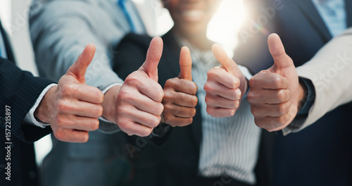 Foto Thumbs up, team and hands of business people for support, success and approval in office
