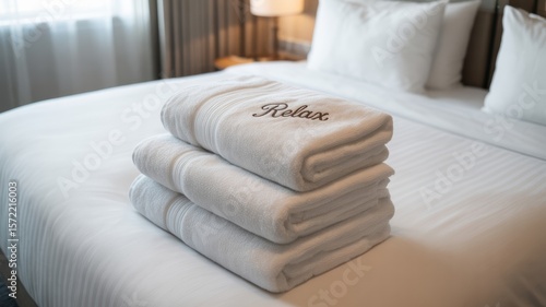 Stack of white towels with 'Relax' embroidery placed on a neatly made bed in a cozy hotel room