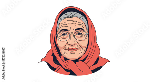 Portrait of an elderly woman wearing glasses and a red headscarf symbolizing wisdom and tradition