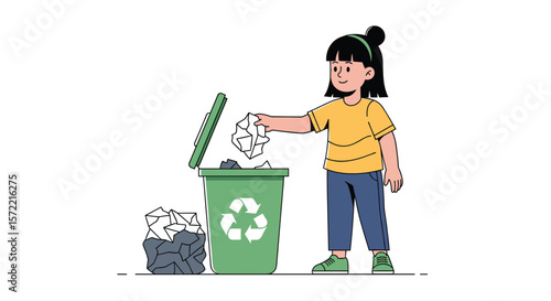 Young girl actively participating in recycling efforts by disposing of paper waste responsibly into a green bin