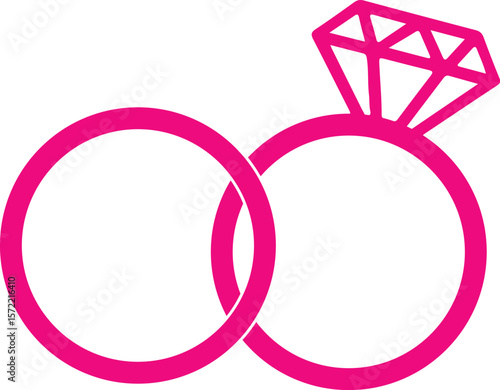 Elegant wedding rings with sparkling diamond icon outline and silhouette design,Two rings with diamond icon. Outline and silhouette ring and red and pink wedding ring