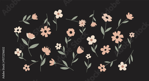 A delicate collection of whimsical floral illustrations in soft pastels scattered across a dark background