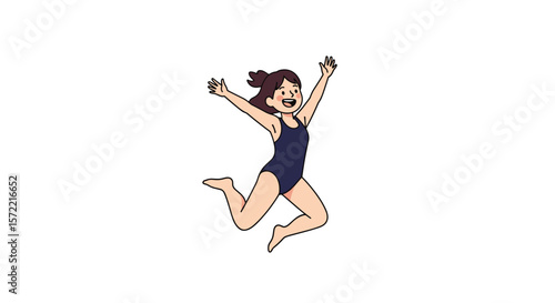 A joyful young woman in a swimsuit expresses exuberance through a dynamic leap against a white background showing pure happiness