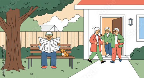 Elderly friends gather for a pleasant afternoon together enjoying outdoor activities and conversation