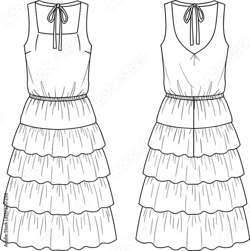 Sleeveless tiered maxi dress with back bow tie, gathered waist, ruffle skirt, flat fashion sketch, CAD drawing flat vector illustration.