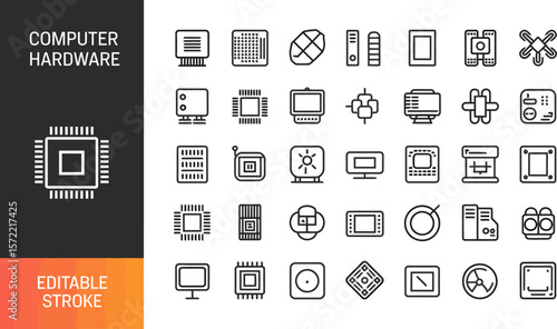 Computer hardware icons set vector illustration editable stroke cpu ram motherboard hdd ssd gpu chipset editable stock vector