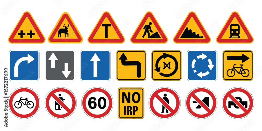 Road Sign Collection With Stop, Yield, Speed Limit, Pedestrian, Warning, Regulatory, Directional, Prohibitory, Informational, Highway, And Construction Signs Suitable For Transportation, Education, Ci Road Sign Collection With Stop, Yield, Speed Limit, Pedestrian, Warning, Regulatory, Directional, Prohibitory, Informational, Highway, And Construction Signs Suitable For Transportation, Education, Ci