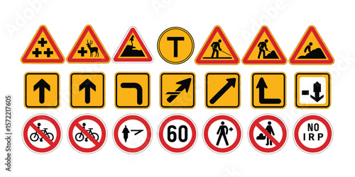 Traffic Signs Bundle Featuring Stop, Yield, Speed Limit, Pedestrian Crossing, Warning, Directional, Regulatory, Informational, Highway, And Construction Signs For Urban Planning, Safety Manuals