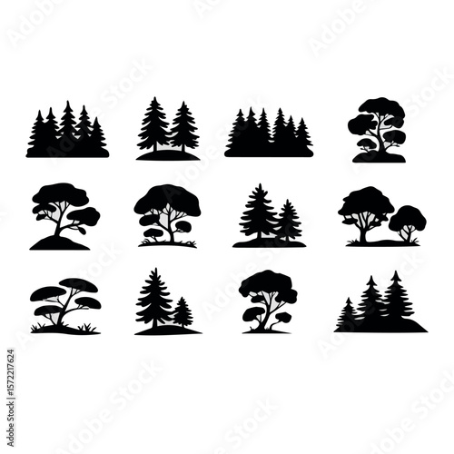 Collection of forest tree silhouette vector icons for landscape design and nature illustration needs