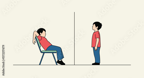 Two young boys standing and sitting in a room on either side of a thin dividing wall observing each other patiently