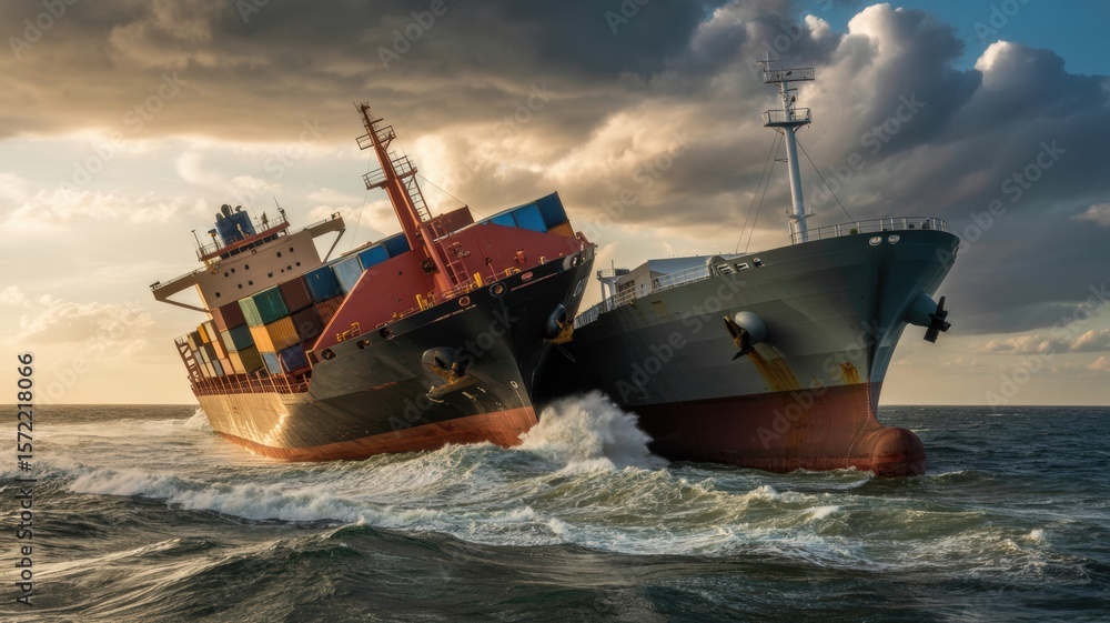 Fototapeta premium Two massive cargo ships collide in turbulent seas under a dramatic sky
