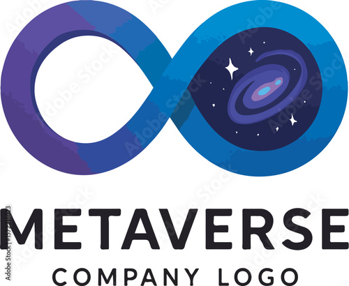 Vector logo featuring infinity symbol with galactic loop on right side and bold “METAVERSE COMPANY LOGO” text below, symbolizing limitless digital universe, virtual reality expansion, futuristic tech 