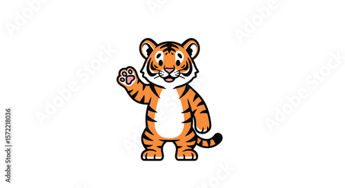 Friendly cartoon tiger waving hello showing its paw in a cute friendly manner