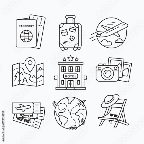 Set of nine line art travel icons pack perfect for web design, infographics, and travel related projects. Includes airplane, map, camera, passport, and more.