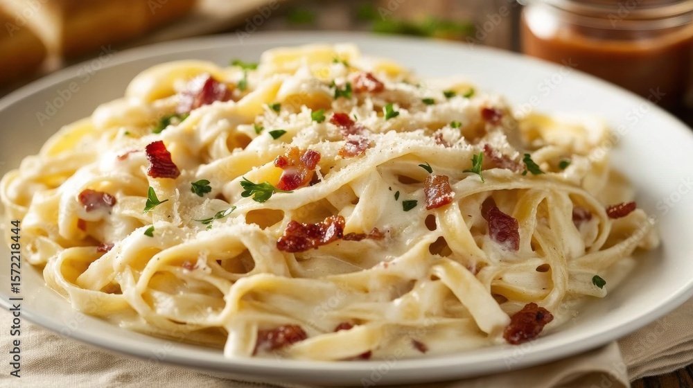 Fettuccine Alfredo Pasta Dish on Wood Table with Bell Peppers Close-up of creamy Fettuccine Alfredo Pasta Dish on Wood Table with Bell Peppers Close-up of creamy