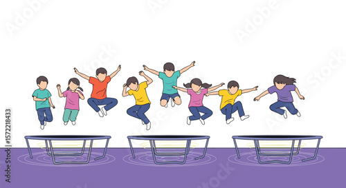 Group of diverse children joyfully jumping high on trampolines with active energy and outdoor fun