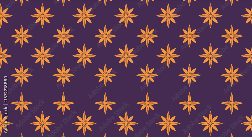 Elegant repeating pattern of ornate golden starbursts on a deep purple background with subtle gradient effect Elegant repeating pattern of ornate golden starbursts on a deep purple background with subtle gradient effect