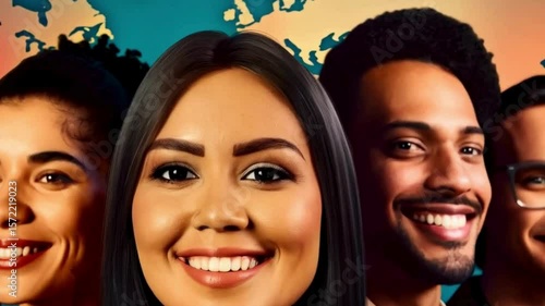 Diverse team of professionals smiling together with a world map background, Multi-ethnic group of people smiling with global perspective, Happy team of professionals with a creative background

