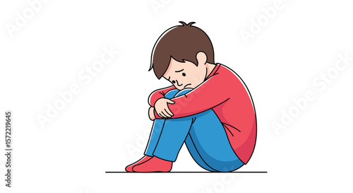 A sad little boy huddled in his arms depicting loneliness and isolation in childhood