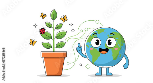 Happy earth character caring for a potted plant with ladybugs and butterflies symbolizing nature and growth