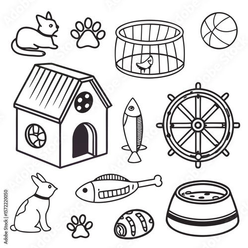 Line art collection of pet accessories and toys illustration