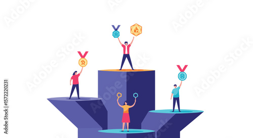 Celebrating achievement and victory on a podium with medals and trophies showcasing top performers
