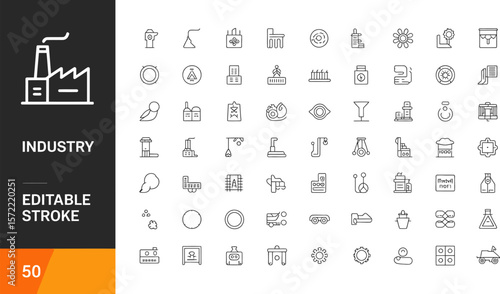 Industry icons set vector line style factory building manufacturing process and industrial equipment editable stock vector