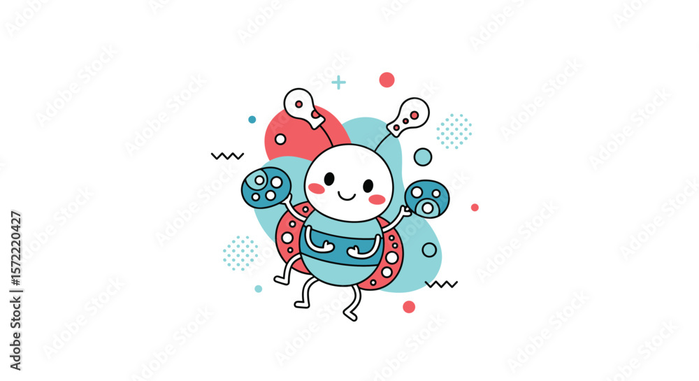 Naklejka premium Cute cartoon ladybug character flying with musical notes and abstract shapes in a cheerful doodle style illustration