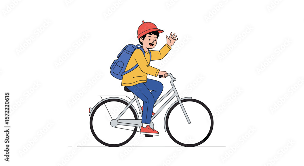 Fototapeta premium A young boy wearing a backpack and yellow jacket rides a bicycle while waving hello enthusiastically