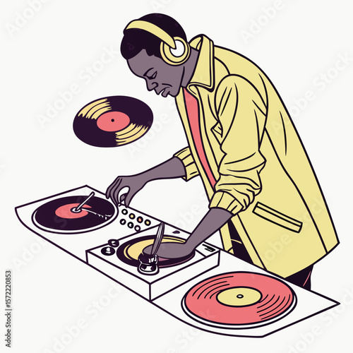 Black dj playing records with yellow jacket and headphones turntable vinyl record