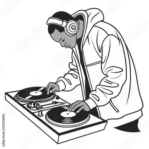 Black and white dj mixing music on turntables headphones