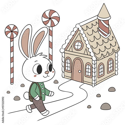 White rabbit walking towards gingerbread house with candy canes path stones