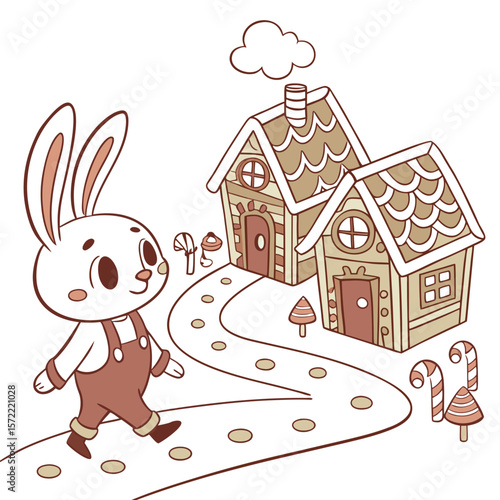 Cute bunny walking on gingerbread street with candy canes rabbit gingerbread houses