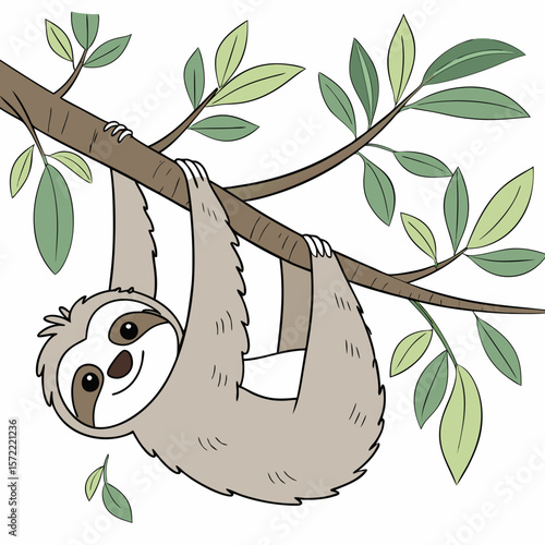 Gray sloth hanging on brown tree branch with green leaves animal