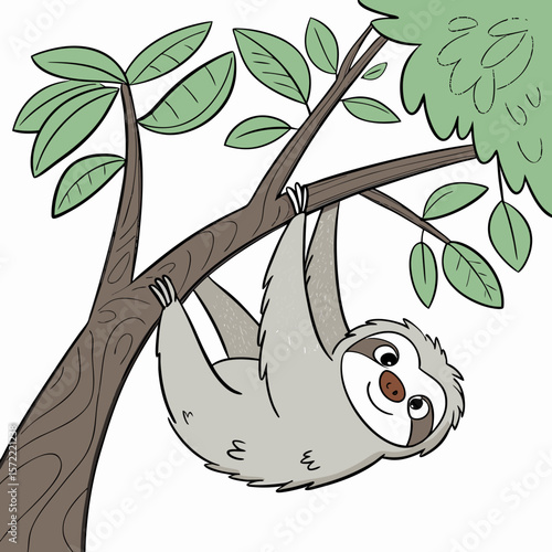 Gray sloth hanging on tree branch with green leaves animal