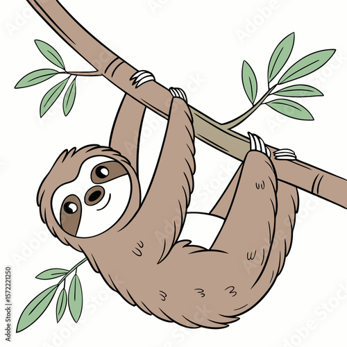 Brown sloth hanging on tree branch with green leaves animal