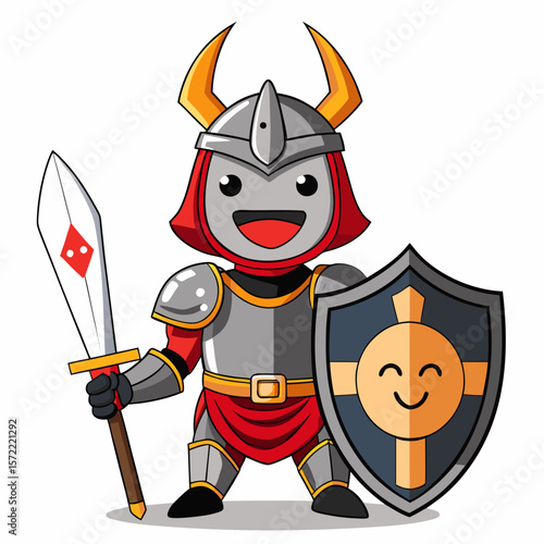 Cheerful knight in armor holding sword and shield happy