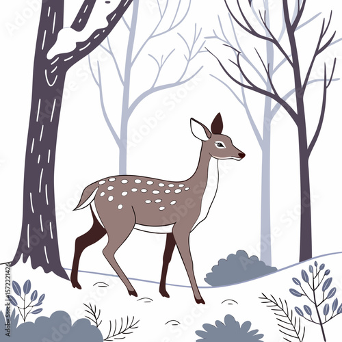 Spotted deer stands in a snowy forest with bare trees fawn