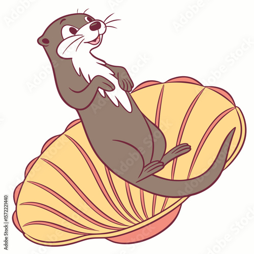 Otter relaxing on a large yellow seashell animal cartoon
