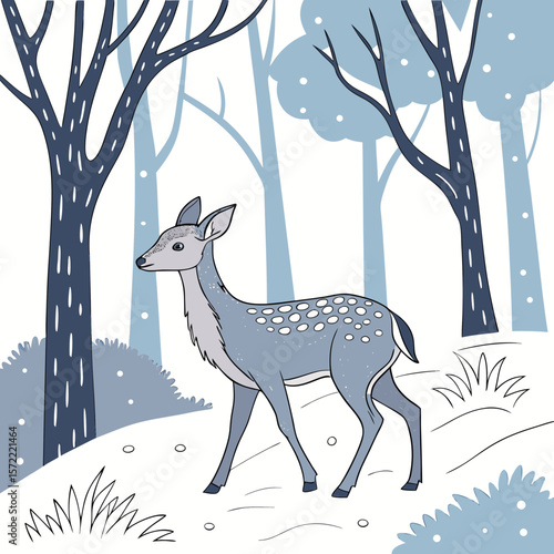Spotted fawn standing in a snowy forest scene deer