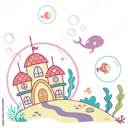 Whimsical underwater castle with playful fish and whale bubbles