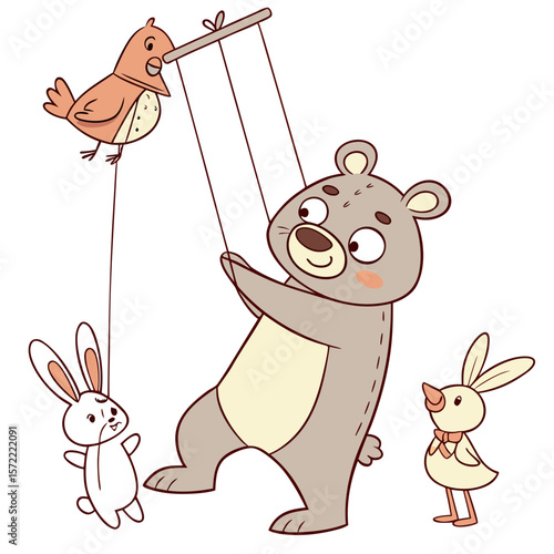 Bear puppeteer controls bird and bunny with strings puppet show