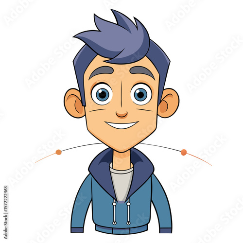Blue hooded jacket character with spiky hair and blue eyes cartoon male