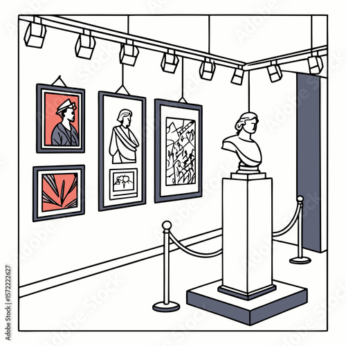 Art gallery exhibition with paintings and sculpture art exhibition display